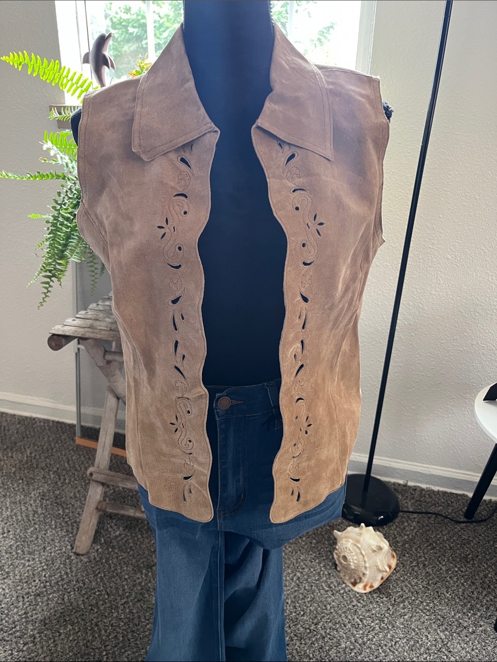 Coldwater Creek Tan Suede Sleeveless Vest with Laser-Cut Detail